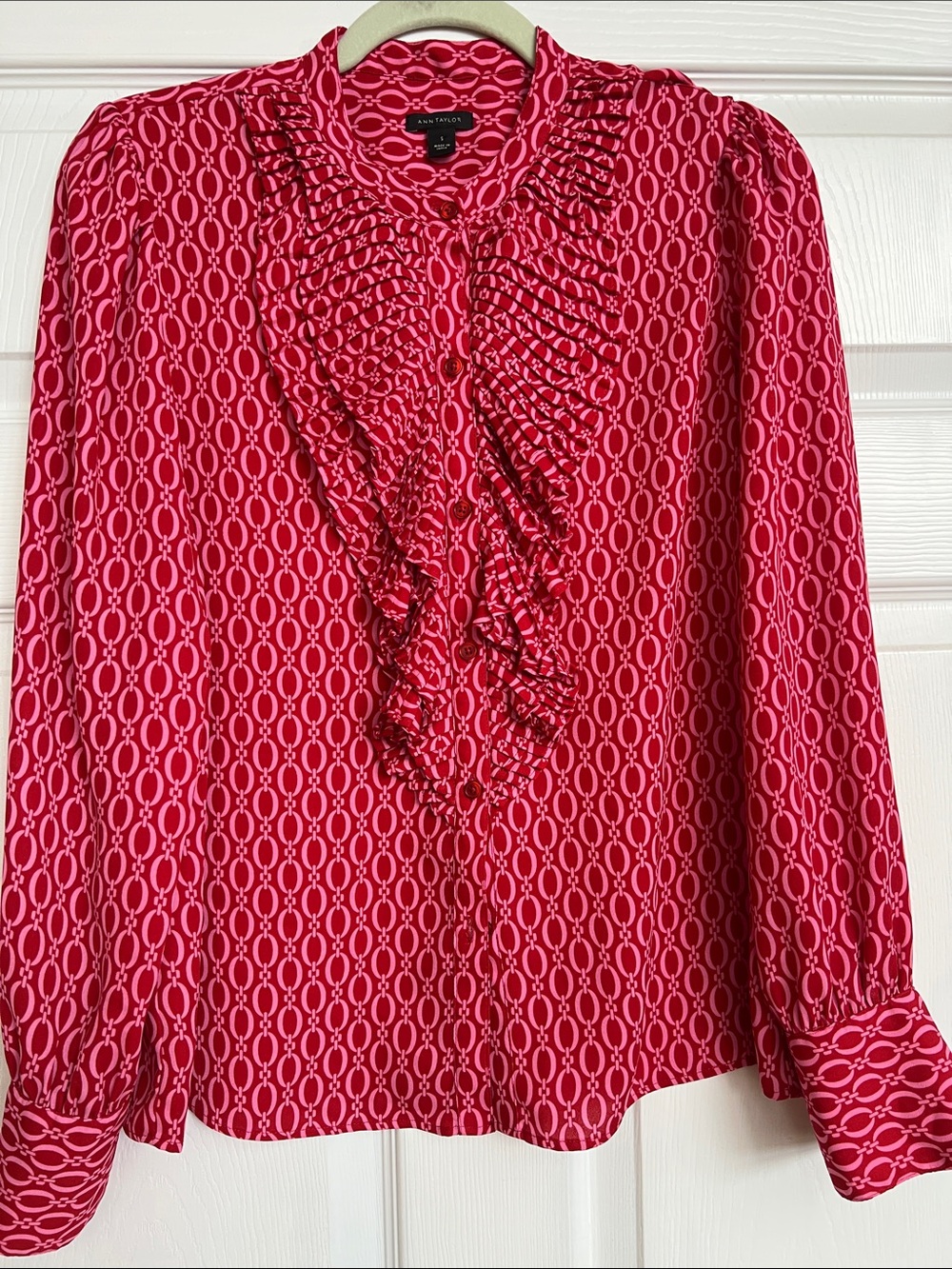 Ann Taylor Hot Pink Chain-Print Ruffle Blouse